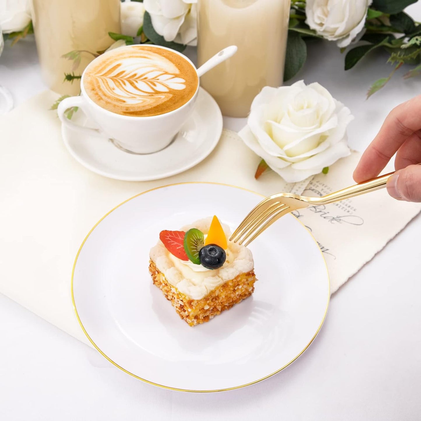 Rubtlamp 200Pcs Gold Plastic Dessert Plates,White Appetizer Platos with Gold Disposable Forks, Fancy Small Dessert/Cake Plates Include 100pcs 7.5" Salad Platos, 100pcs 7.6" Plastic Forks for Party