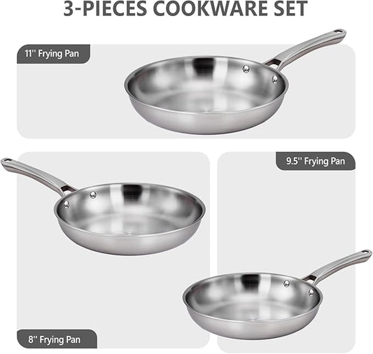 Bonnlo 3 Pieces Cookware Set, 3-Ply Stainless Steel Skillets Set, Non-Toxic Kitchen Set, Oven & Dishwasher Safe, Induction Cooking Set, PFOA & PTFE Free, Compatible for All Cooktops