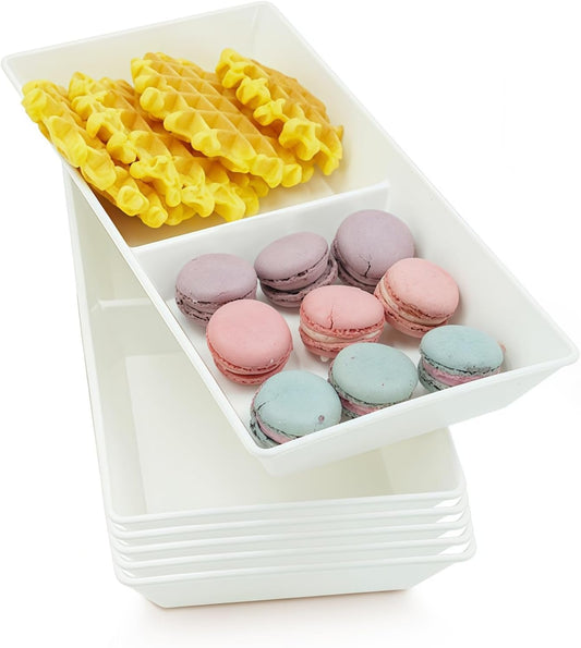 Divided Serving Tray Platter, 6 Pack 10" x 5" Fruit Veggie Food Tray for Party, Plastic Serving Trays for Appetizer, Snack, Dessert, Cookie, Brunch Decorations Platters, White Trays BPA-Free