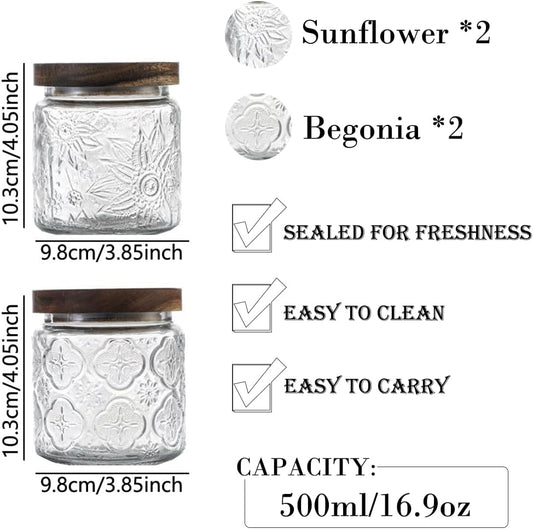 ANSQU 4 Pack Vintage Glass Storage Jar, 16.9 FL OZ Glass Canister Storage Jar Container with Airtight Wooden Lid for Kitchen Counter, Pantry, Coffee, Tea, Sugar, Cookie Jars (Begonia&Sunflower)