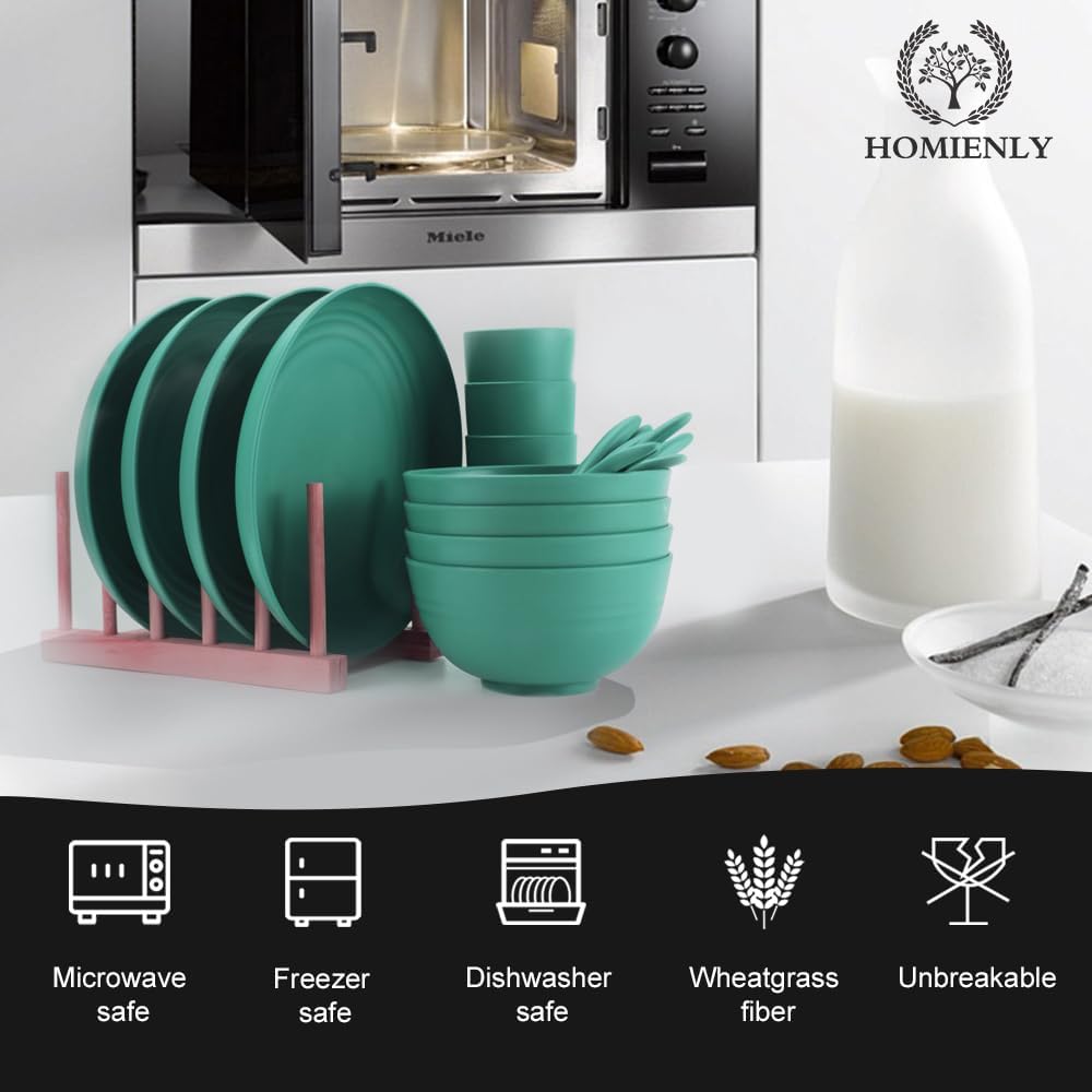 Wheat Straw Dinnerware Sets, Homienly 20pcs Unbreakable Microwave Dishwasher Safe Tableware Lightweight Bowls, Cups, Plates Set Reusable Dinner Plates Bowls set (Green)