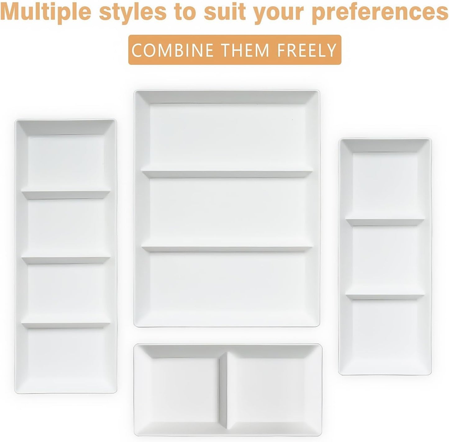 Divided Serving Tray Platter, 8 Pack 15" x 10" Fruit Veggie Food Tray for Party, Plastic Serving Trays for Appetizer, Snack, Dessert, Cookie, Brunch Decorations Platters, White Trays BPA-Free