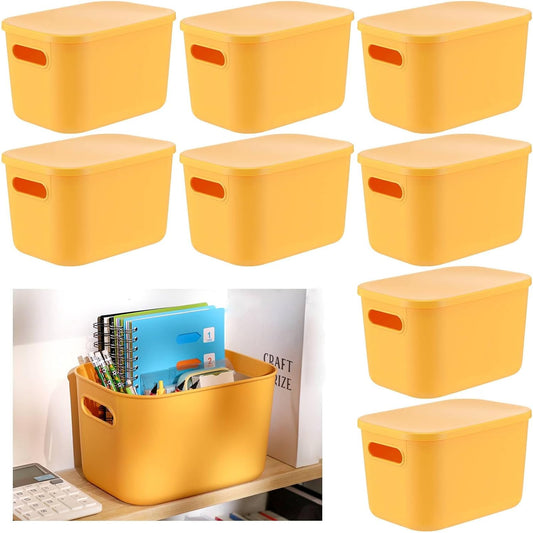 Hoolerry 8 Pieces Colorful Storage Bins with Lid, Plastic Storage Basket Organizing Container Stackable Box with Handle for Shelves Desktop Playroom Office(10.2 x 7 x 6.3 Inch,Yellow)