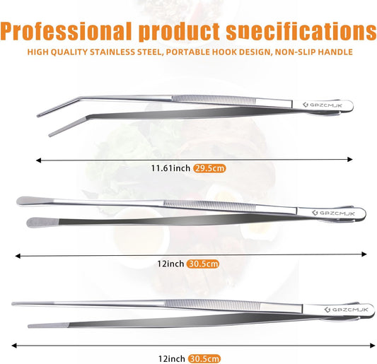 3 Pcs Kitchen Tweezers, 12'' and 11.6" Stainless Steel Tongs For Cooking, Professional Cooking Tongs, Chef Cooking Tweezers, Sea food, BBQ, Plating and Serving