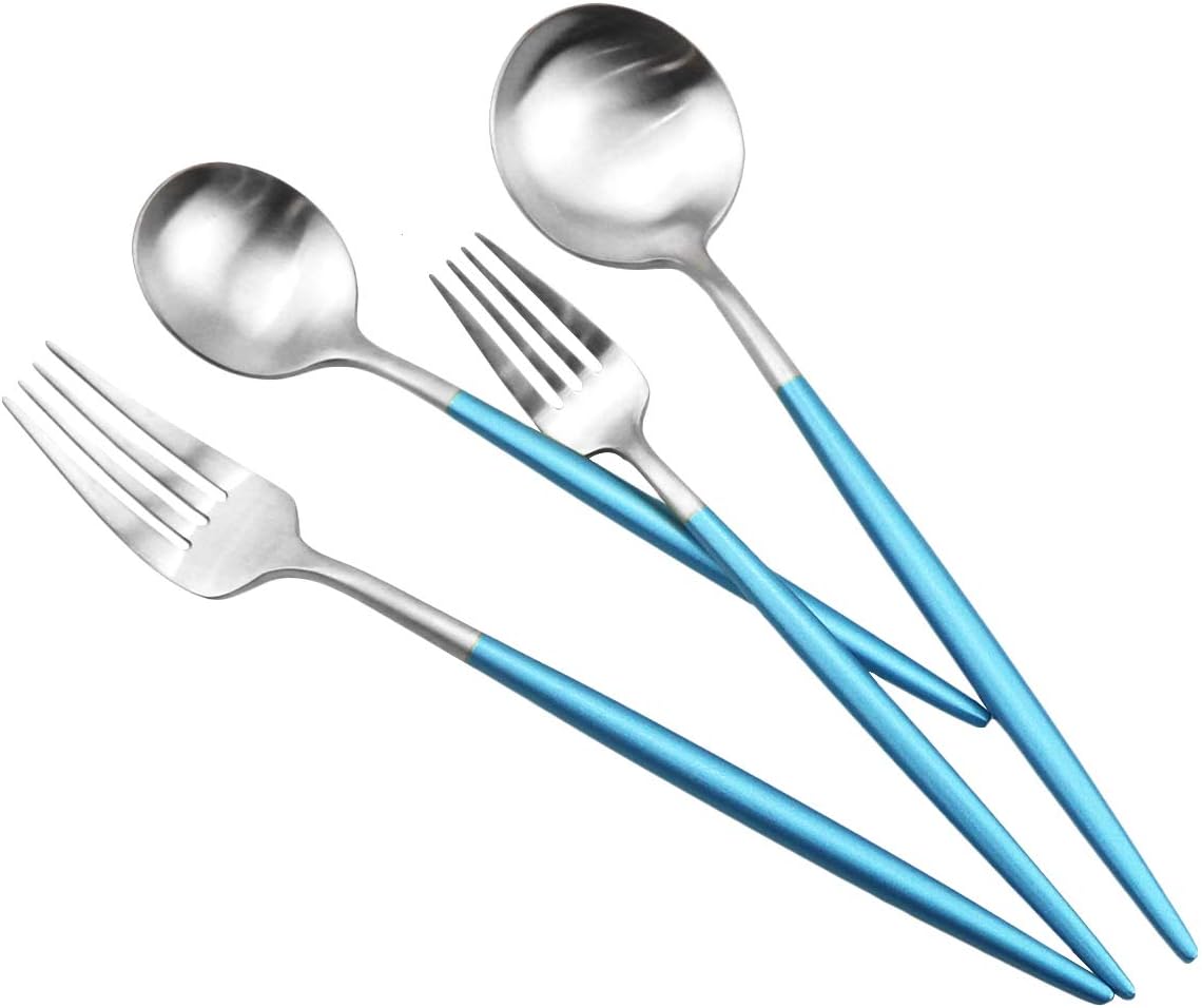 JASHII Silverware Sets, 5-Piece Blue Flatware 18/10 Stainless Steel Heavy Weight Forged Cutlery Eating Utensils Forks Spoons Knives Set Tableware Service for 1 Matte Finished (Blue & Silver)