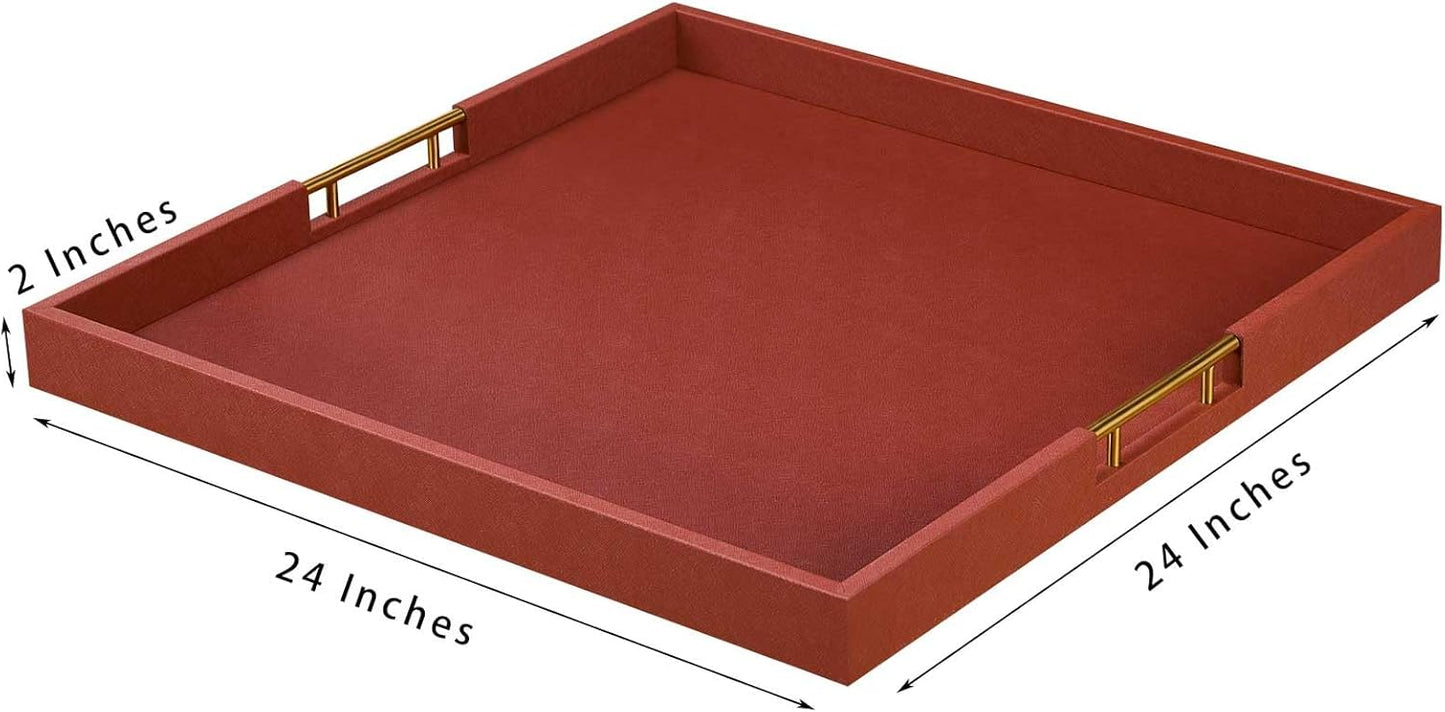 24x24 Inches Extra Large Brown Faux Leather Wrapped Wood Ottoman Tray with Golden Handles for Serving Food and Breakfast On Bed Square Coffee Table Organizer Home Decor and Decorative