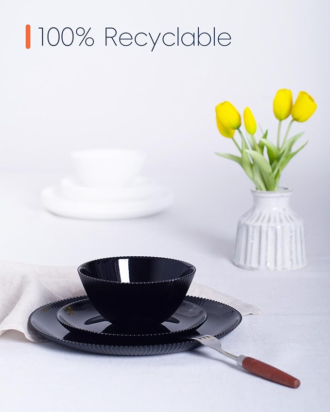 Dinnerware Sets for 4, 12 Pieces Opal Glass Plates and Bowls Set, Dishwasher and Microwave Safe Ribbed Dish Dinning Ware, Chip and Scratch Resistant Dishware, Black