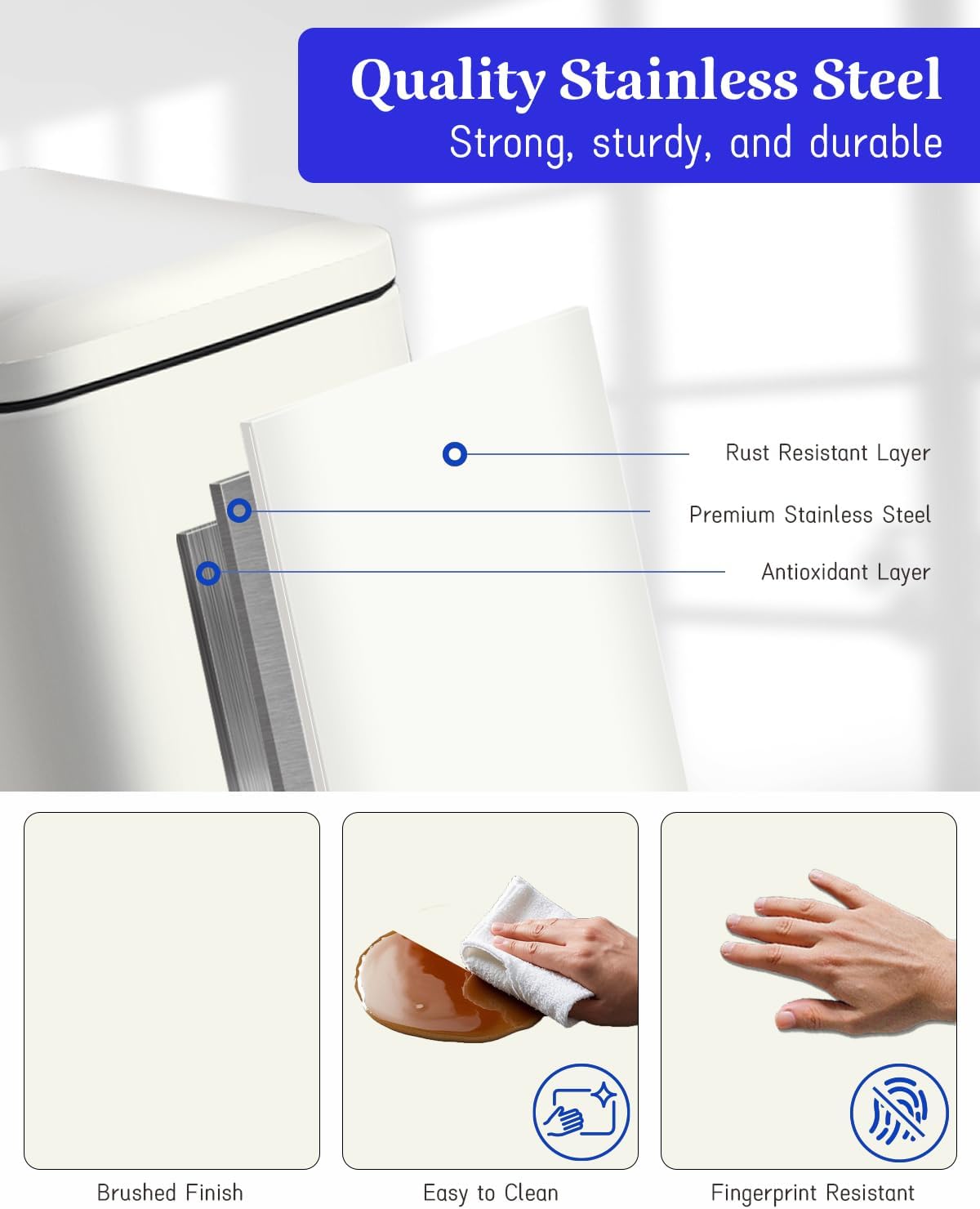 Trash Can with Lid, 10L Bathroom Waste Bin, Small Pedal Bin, Stainless Steel Garbage Can for Bathroom, Bedroom and Office, White