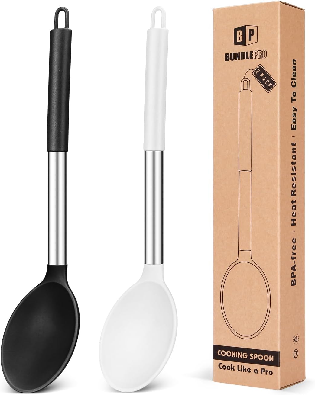 Pack of 2 Large Silicone Cooking Spoon Non Stick Solid Basting Spoons Heat-Resistant Kitchen Utensils for Mixing Serving (Black-White)