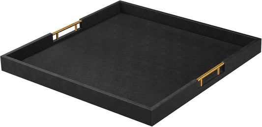 24x24 Inches Extra Large Black Faux Leather Wrapped Wood Ottoman Tray with Golden Handles for Serving Food and Breakfast On Bed, Square Coffee Table Organizer, Home Decor and Decorative