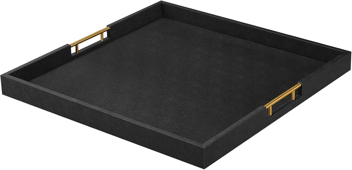 20x20 Inches Large Black Faux Leather Wrapped Wood Ottoman Tray with Handles for All Occasions, Serving Food Breakfast On Bed, Home Decor Decorative, Living Room,Square Coffee Table Organizer