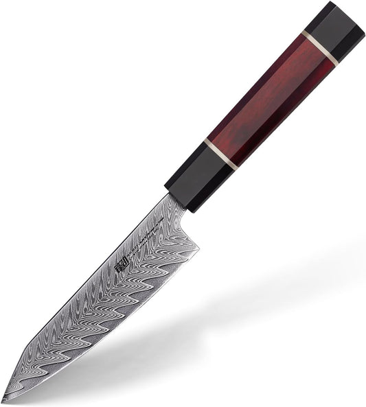 FINDKING 5 Inch Damascus Paring Knife, Compact and Versatile Blade for Fruit and Small Kitchen Cutting, Versatile Utility Pairing Knife, Portable for Travel, Picnic and Bar Use (Samurai Series)