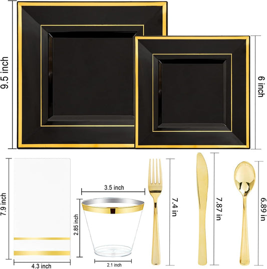 Festiva 350Pcs Black and Gold Plastic Plates-50Guests Disposable Square Black Dinnerware Set include 100 Plastic Plates,50Cups,150Plastic Cutlery,50Napkins for Halloween Party &Wedding&New Year