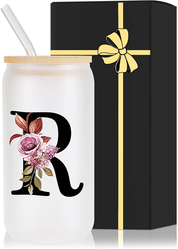 Monogrammed Glass Drinking Cup With Lid Straw Women Happy Birthday Christmas Xmas Day Holiday Gift for Female Boss Teacher Aunt Big Small Sister in Law Mother Stepmother Weding Groom Bride Officiant,R