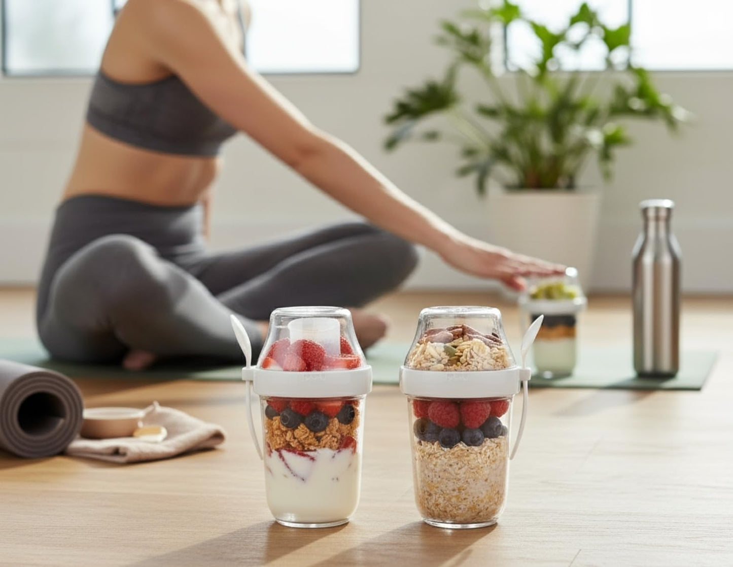Felli On the Go Yogurt Parfait Snack Cup 12 oz with Spoon & Lid, 100% Leak Proof Granola Holder for To Go Breakfast Cereal Fruit Overnight Oats Container Reusable, Travel Hiking Camping (2, White)