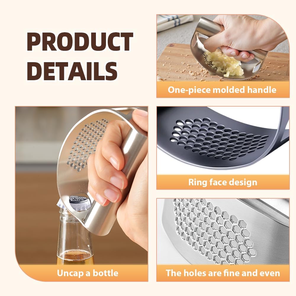 Stainless Steel Garlic Press, 2025 New Arc Shape Stainless Steel Ring Garlic Chopper, Garlic Presse Rocker Garlic Press Mincer Crusher Press, Kitchen Heavy Duty Handle Garlic Chopper (2)