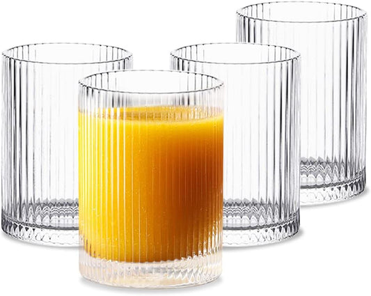 INSETLAN Glass Cups Vintage Glassware Set of 4 Small, Origami Style Transparent Cocktail Glasses Set, Bar Beverages Ice Coffee Cup Juice Ripple Drinkware, 270ml (S)