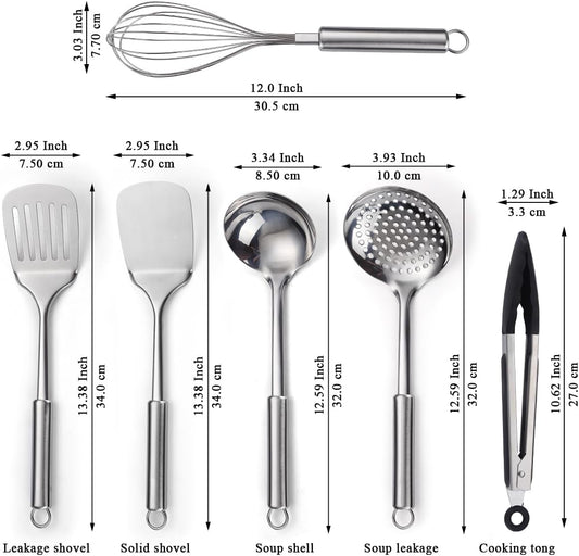 Stainless Steel Cooking Utensils Set 6 Pieces, Kitchen Tools Set Include Metal Spatula Set, Skimmer, Ladle, Tong, Whisk, Kitchen Gadgets Essentials New Home Must Have