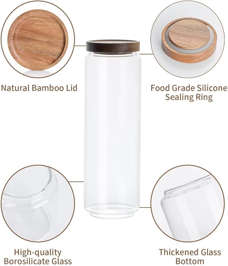 Kanwone Airtight Food Storage Containers with Bamboo lids set of 5, Stackable Food Storage Containers, Glass Canisters for Pantry, kitchen, Flour, Sugar, Tea, Coffee, Pasta, Cookies, Rice and Spice