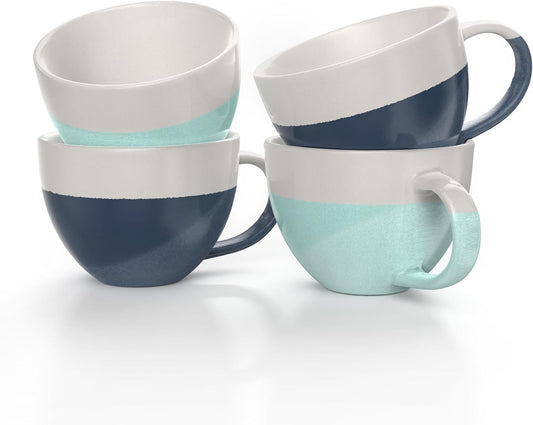 Francois et Mimi Set of 4 Oversized 16oz Wide-mouth Soup & Cereal Ceramic Coffee Mugs (Blue and White), Bowls For Soup, Cocoa, Latte and More. Dishwasher and Microwave Safe.