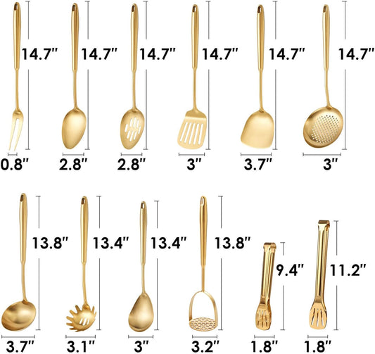 Gold Kitchen Utensils Set, 12 PCS Brass Matte Serving Utensils, 18/10 Stainless Steel All Metal Cooking Tools - Potato Masher, Tongs, Meat Fork, Spatula, Turner, Ladle, Skimmer, Spaghetti Spoon Set