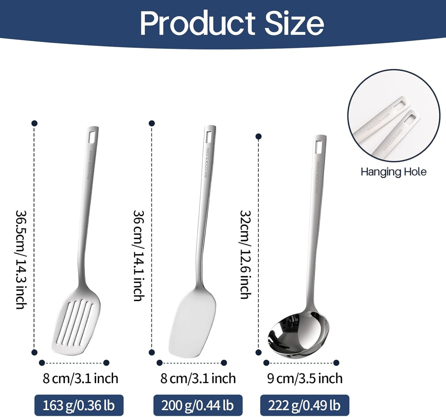 Wok Spatula Set, 18/8 Stainless Steel Kitchen Cooking Utensils Spoon set, 3 Pieces Spatula Set for Kitchen Cooking