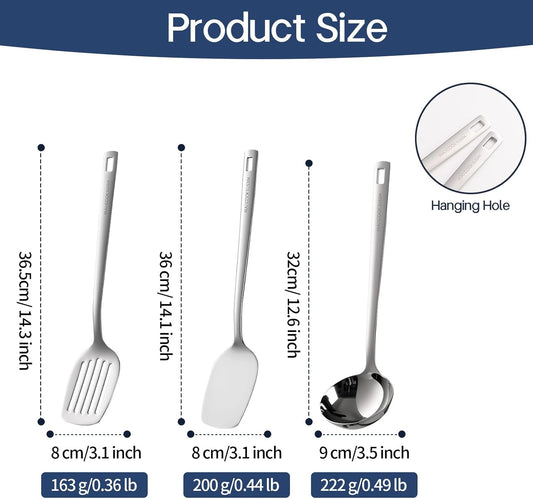 Wok Spatula Set, 18/8 Stainless Steel Kitchen Cooking Utensils Spoon set, 3 Pieces Spatula Set for Kitchen Cooking