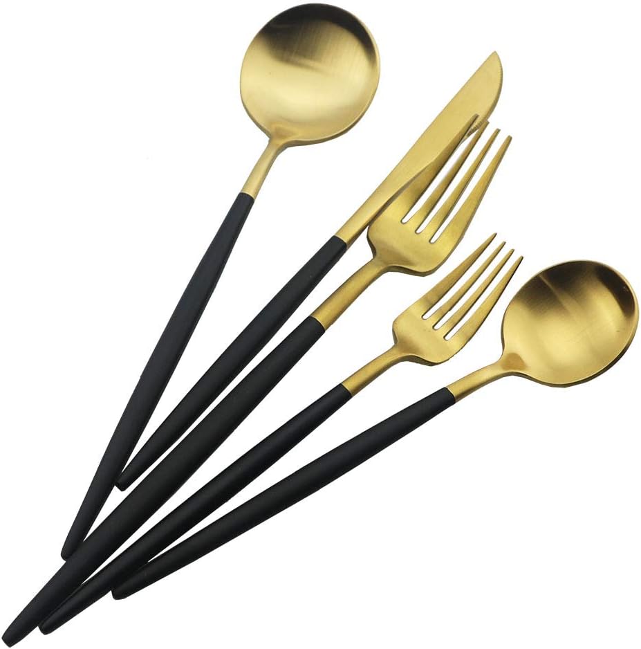 JASHII Luxury Black Gold Flatware, Silverware Sets, 20-piece Elegant Cute 18/10 Stainless Steel Silverware Set for Eating Home Kitchen Hotel Restaurant, Service Sets for 4 People, Dishwasher Safe