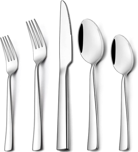Wildone 20-Piece Silverware Set, Stainless Steel Flatware Square Cutlery Set Service for 4, Eating Utensils Include Knife Fork Spoon, Mirror Polished & Dishwasher Safe