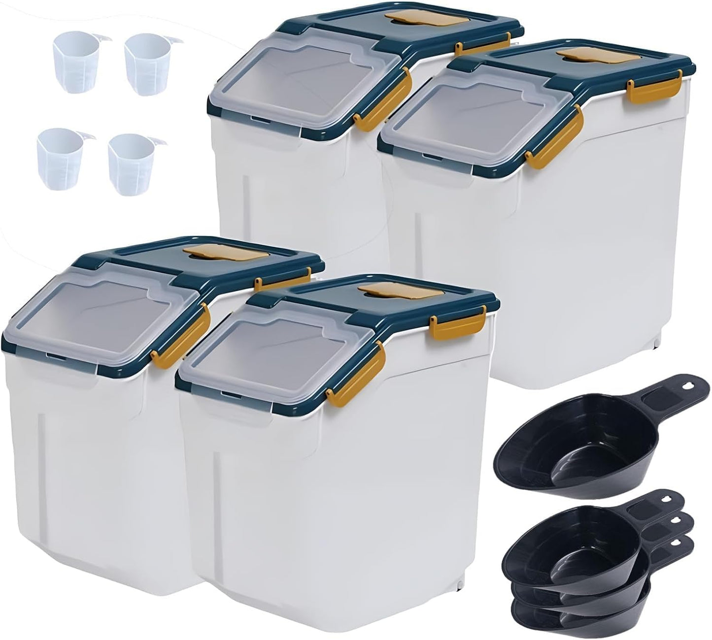 Large Flour Storage Container Bin 25lb,4 Pack Airtight Rice Storage Containers with Wheels Seal Locking Lid BPA Free with Measuring Cup,Scoop for Flour, Rice, Grain, Dry Food - Dark Blue