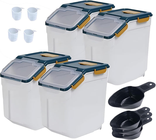 Large Flour Storage Container Bin 25lb,4 Pack Airtight Rice Storage Containers with Wheels Seal Locking Lid BPA Free with Measuring Cup,Scoop for Flour, Rice, Grain, Dry Food - Dark Blue