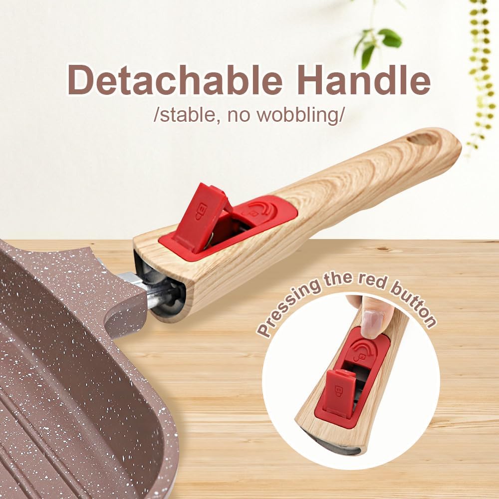 Nonstick Griddle Pan with Lid 10 Inch, Ceramic Coating, Detachable Handle, PFOA Free, Brown