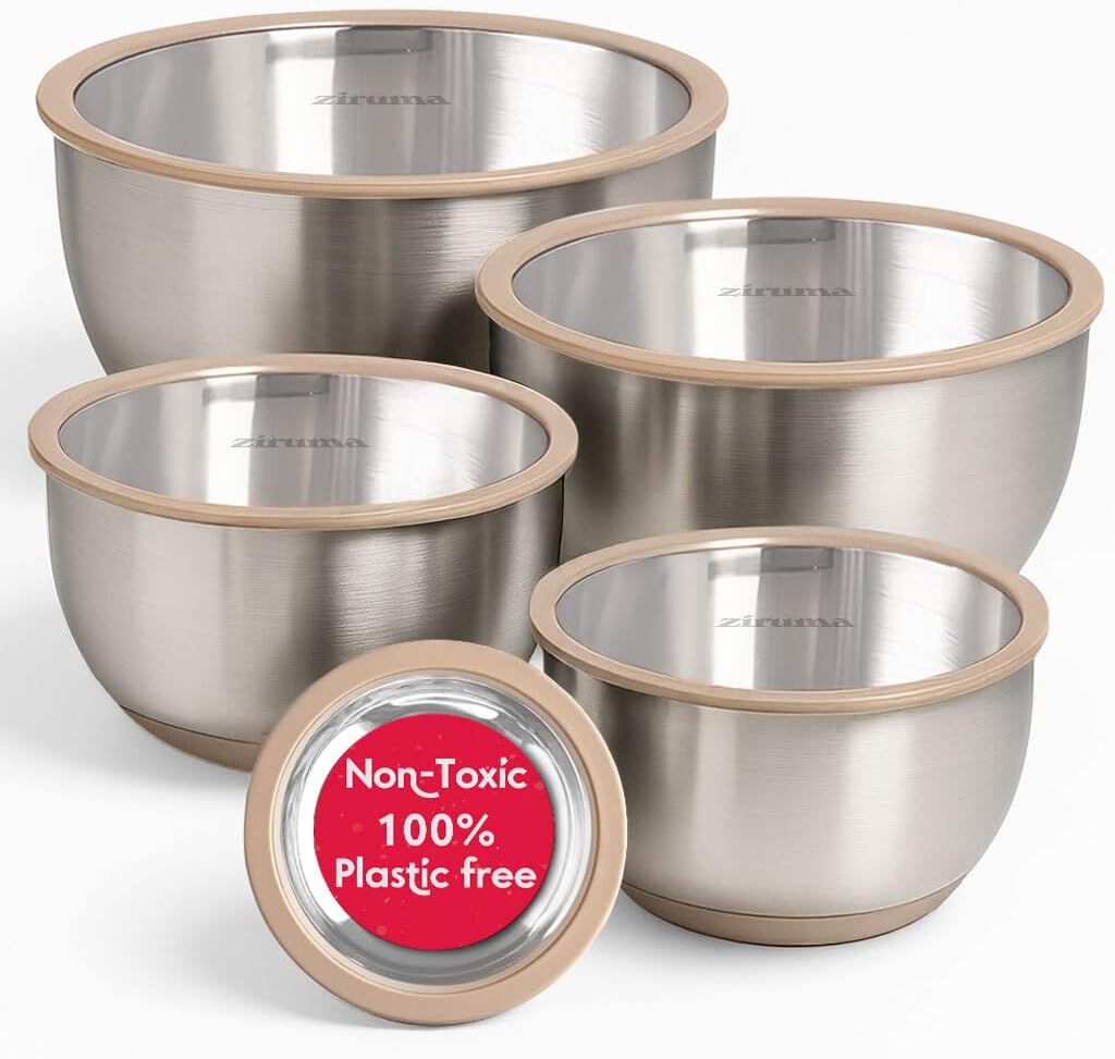 Ziruma Non-Toxic Mixing Bowls with Lids Set, Stainless Steel & Glass, 5 Pcs Plastic Free Bowls with Silicone Non-Slip Base, Dishwasher Safe Mixing Bowl Set