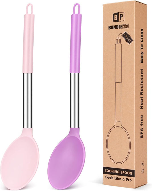 Pack of 2 Large Silicone Cooking Spoon Non Stick Solid Basting Spoons Heat-Resistant Kitchen Utensils for Mixing Serving (Pink-Purple)