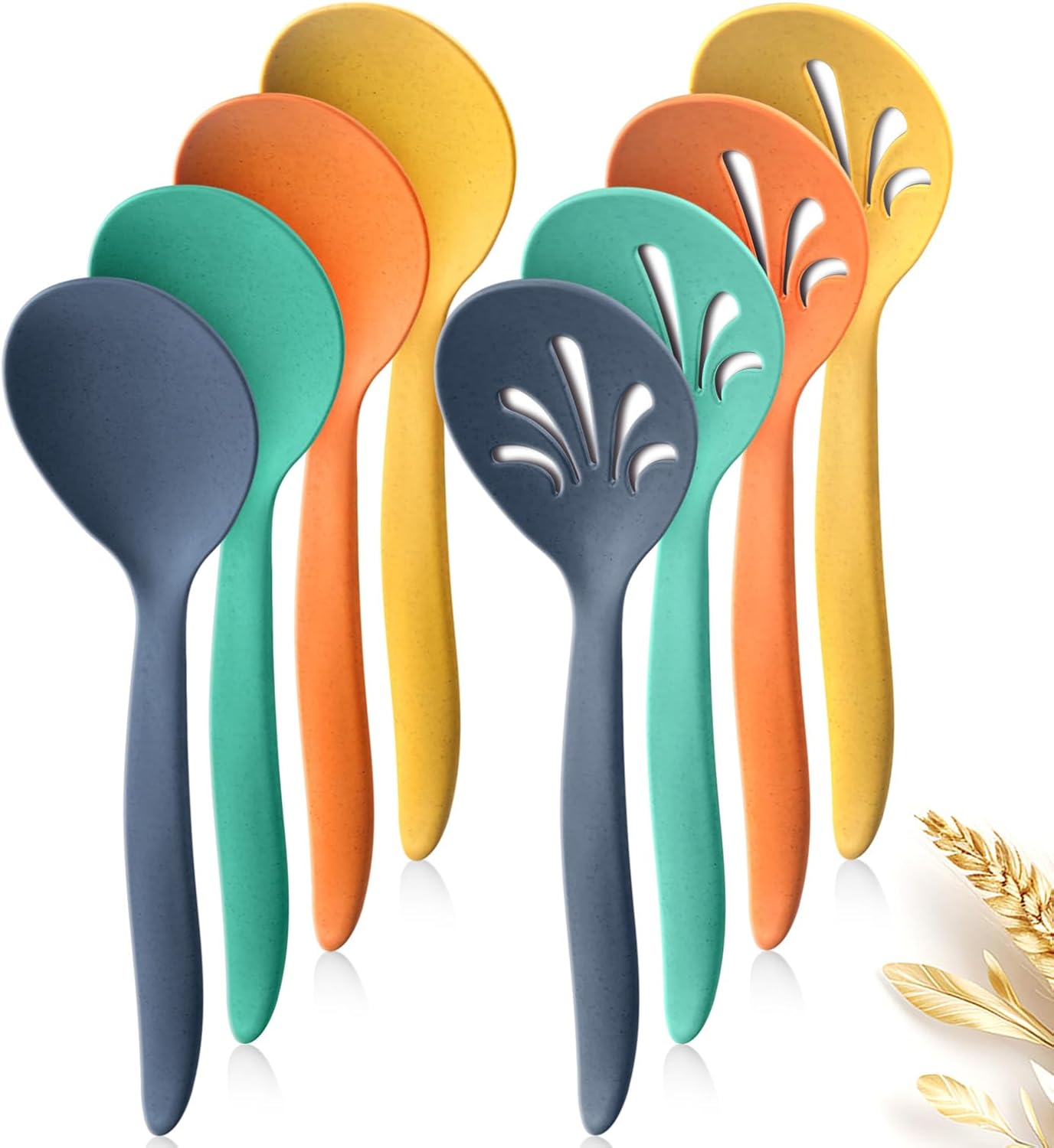 8 Pcs 10" Large Plastic Wheat Straw Serving Spoons Set, Serving Spoons & Slotted Spoons, Kitchen Mixing Serving Spoon for Party Buffet Catering (Orange/Blue/Yellow/Green, Not for Cooking)