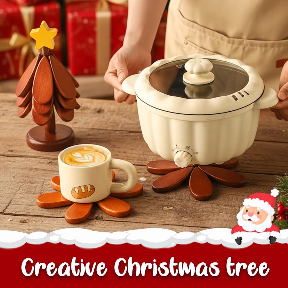 Wooden Trivets for Hot Dishes, 2026 New Handmade Wooden Christmas Tree Coasters for Bowls Teapots Drinks Plates, Home Table Decor, Tree Shape Trivet Set of 4 for Hot Pot Pans (B)