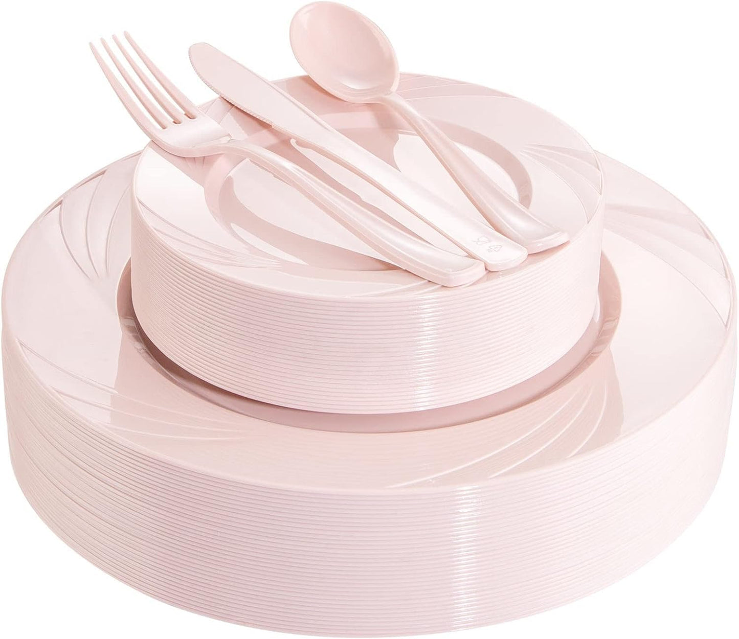 YOUBET 125PCS Pink Plastic Plates - Light Pink Birthday Plates Include 25 Dinner Plate, 25 Dessert Plate, 75 Silverware for Baby Shower & Birthday Parties