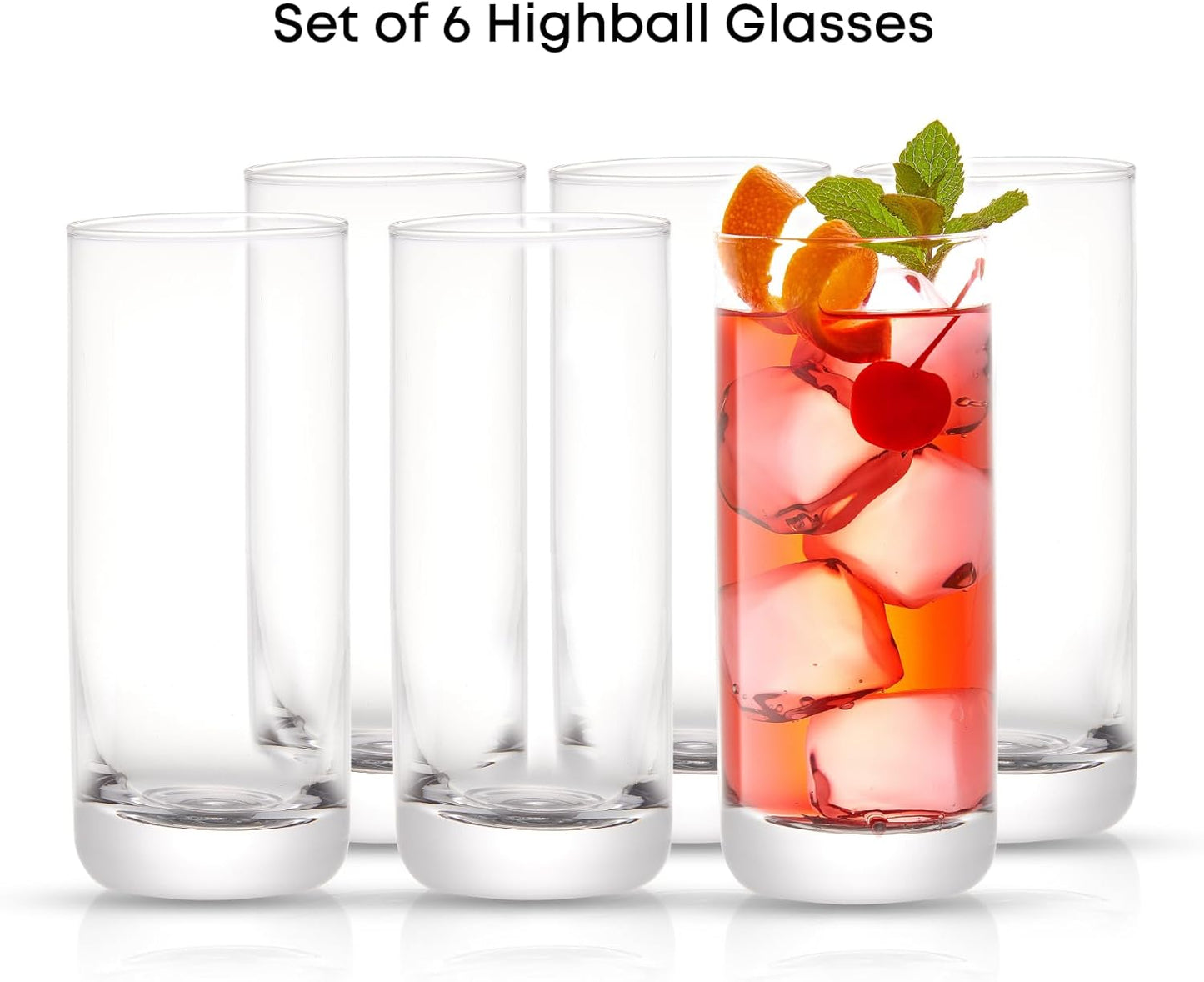 JoyJolt Faye 13oz Highball Glasses, 6pc Tall Glass Sets. Lead-Free Crystal Drinking Glasses. Water Glasses, Mojito Glass Cups, Tom Collins Bar Glassware, and Mixed Drink Cocktail Glass Set