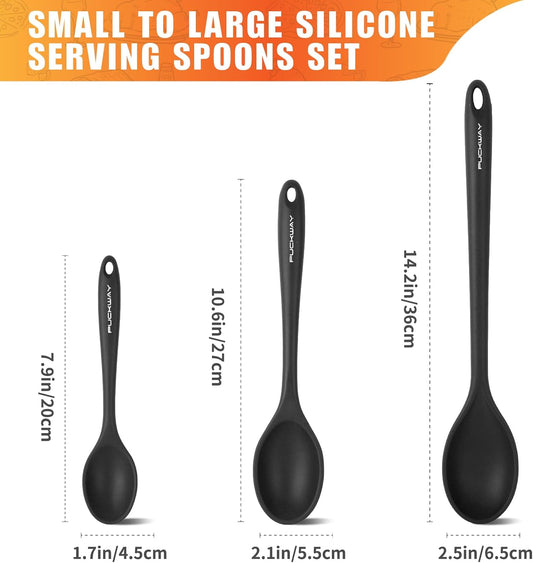 3 Pcs Silicone Spoons Set of 7.9 10.6 14.2 inch for Cooking, Heat Resistant Kitchen Spoons for Mixing, Stirring, and Serving, Small to Large Non Stick (Black)