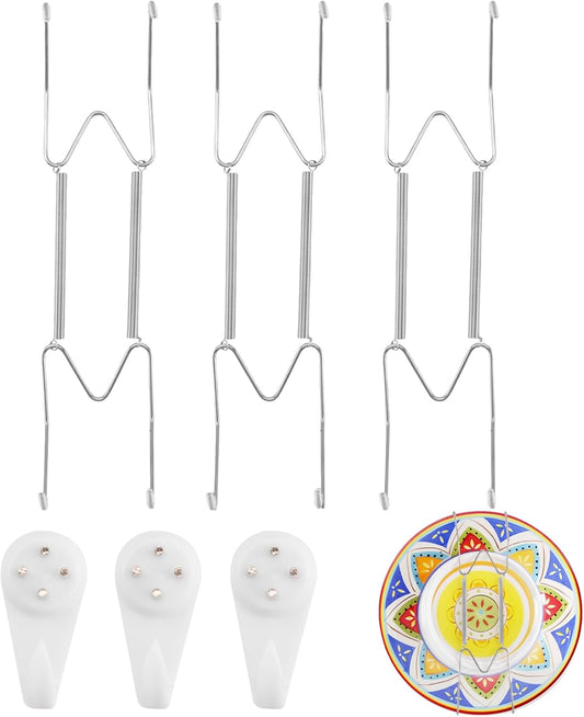 3 Pack Plate Hangers for The Wall Suitable for 9-11 inch Small Decorative Plate, Invisible Stainless Steel Plate Hangers for Display with Wall Hooks, for Plates/Platter/Dish/Picture(Silver)