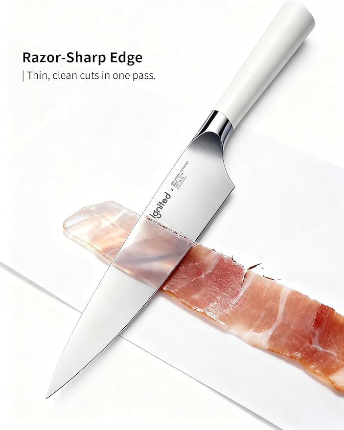 Chef Knife 8 Inch, German High Carbon Stainless Steel Kitchen Knife with Ergonomic White Handle, Ultra Sharp Professional Cooking Knife in Gift Box for Home & Restaurant