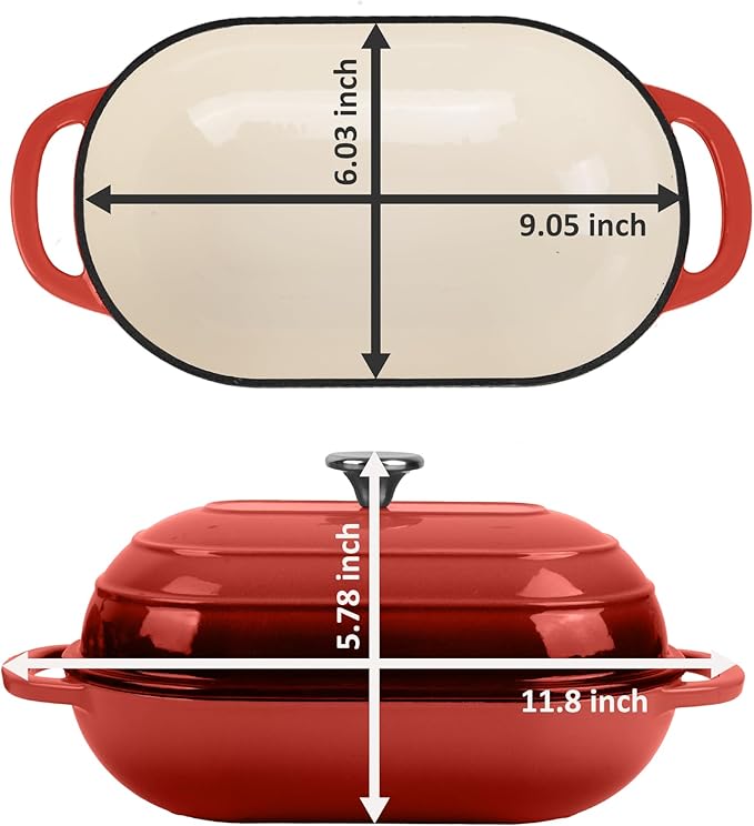 Premium Enameled Cast Iron Dutch Oven for Bread Baking | Non-Stick 2QT Oval Bread Oven with Lid | Perfect for Sourdough, Loaf, and Artisan Baking (Oval Red, 5 QT)