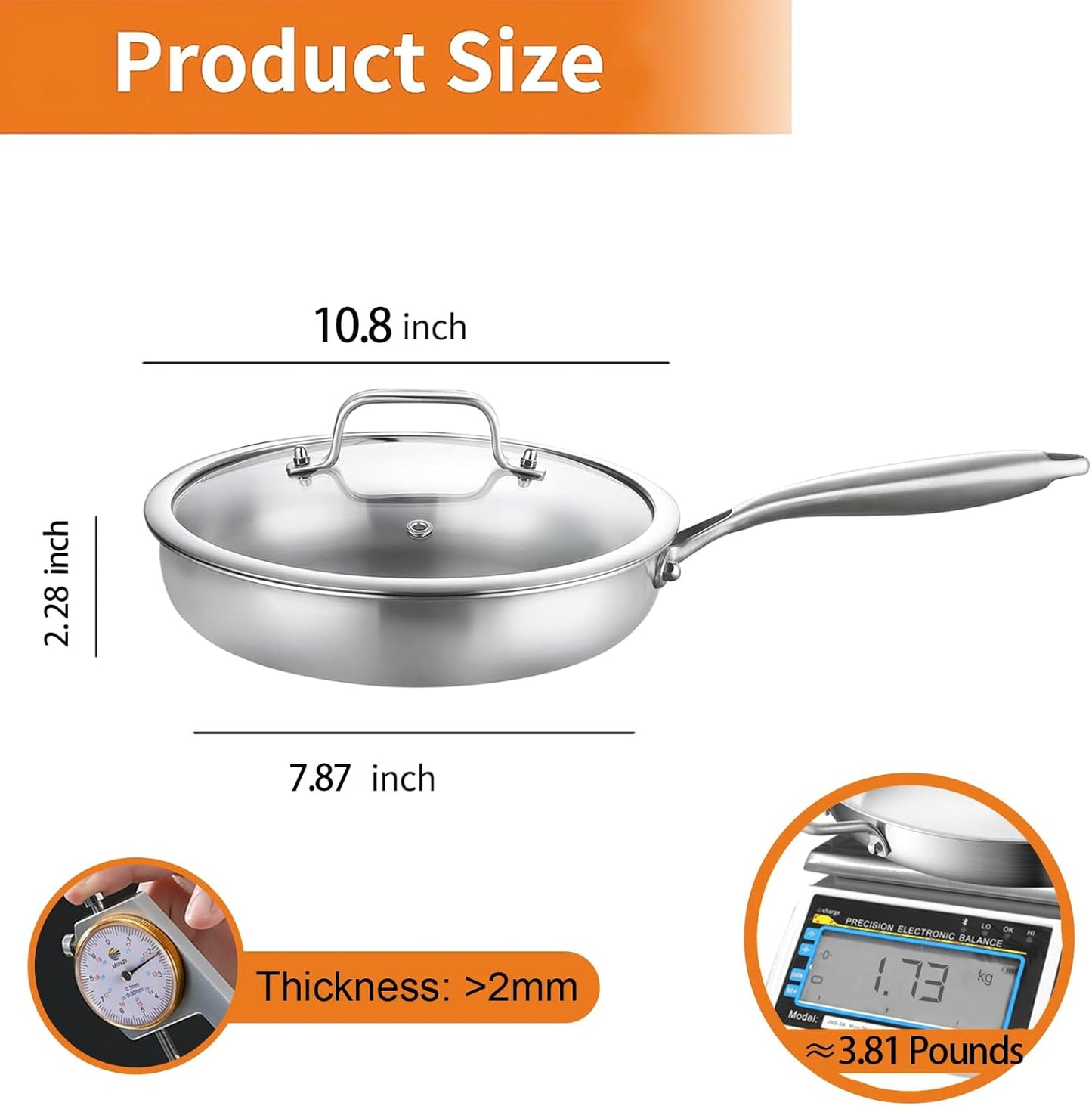 DELARLO Stainless Steel Pan丨10 Inch Skillet with Lid丨Oven Safe Up to 600℉丨Triply Stainless Steel Cookware丨Stainless Steel Pan 10 in丨Induction Compatible丨Fast Even Heat丨Large Cooking Surface