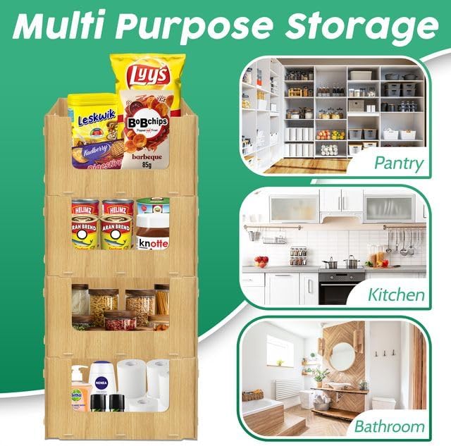 TidyFriend Wooden Stackable Storage Bins for Pantry Organizers and Storage 4 Pack, Pantry Storage for Food, Kitchen and Home Organization (Wood)