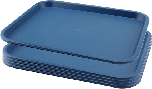 5 Pack 13.8 x 10.6 Inch Blue Fast Food Tray, Large Rectangular Restaurant Serving Trays, Plastic Cafeteria Trays School Lunch Trays