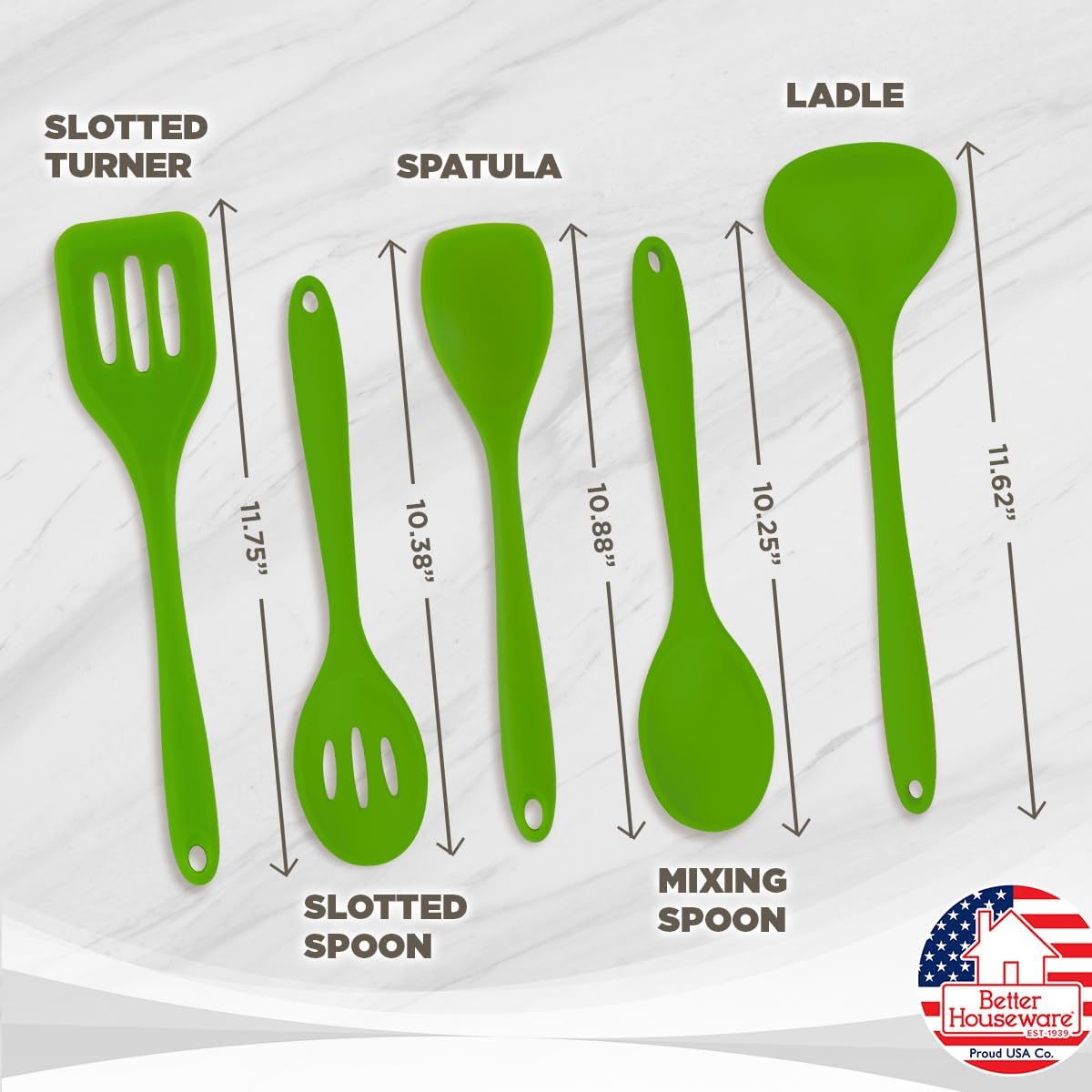 Better Houseware Silicone Cooking Utensil Set - 5 Piece Green Silicone Kitchen Utensils - Stain & Odor Resistant, Heat Resistant, Dishwasher Safe