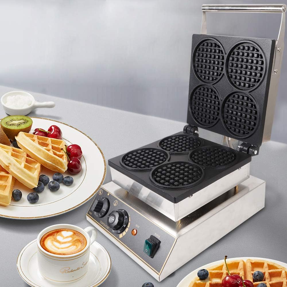 1750W Commercial Waffle Maker, 4 Grids Electric Round Waffle Maker Non-Stick Stainless Steel Belgian Waffle Iron w/Time & Temper Adjustable| Food Clip|Whisk, Large Waffle Machine for Restaurant Party