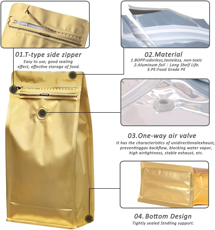 REMTAP Coffee Bags with Valve(50pcs,16 oz,1 lb) Gold High Barrier Aluminum Foil Flat Bottom Standing Coffee Beans Storage Bags,Reusable Heat Sealable Side Zipper Pouches for Home or Store