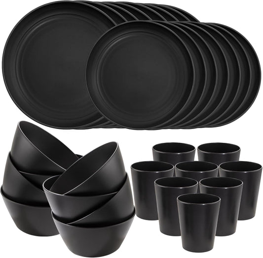 LIYH 48 Pcs Black Wheat Straw Plates and Bowls Dinnerware Set Camping Dish Set for 12, Plastic Plates and Bowls, Dishwasher Safe Dinnerware Sets, Unbreakable Plastic Camper Dishes Sets