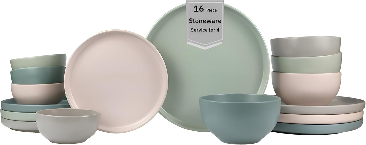 Sango 16-Piece Stoneware Dinnerware Set for 4, Satin Glazed Plates and Bowls Sets with Matte Finish, Ceramic Dish Set, Durable Kitchen Dishes, Microwave & Dishwasher Safe Dining, Rollo Artist's Blend